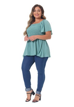 Square Neck Short Sleeve Ruffle Hem Loose Fit Blouse