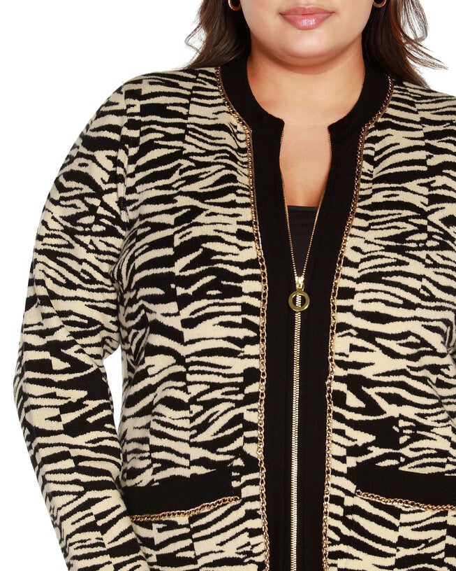 ZEBRA JACQUARD SWEATER JACKET, Black Combo / Black, alternate image number 3