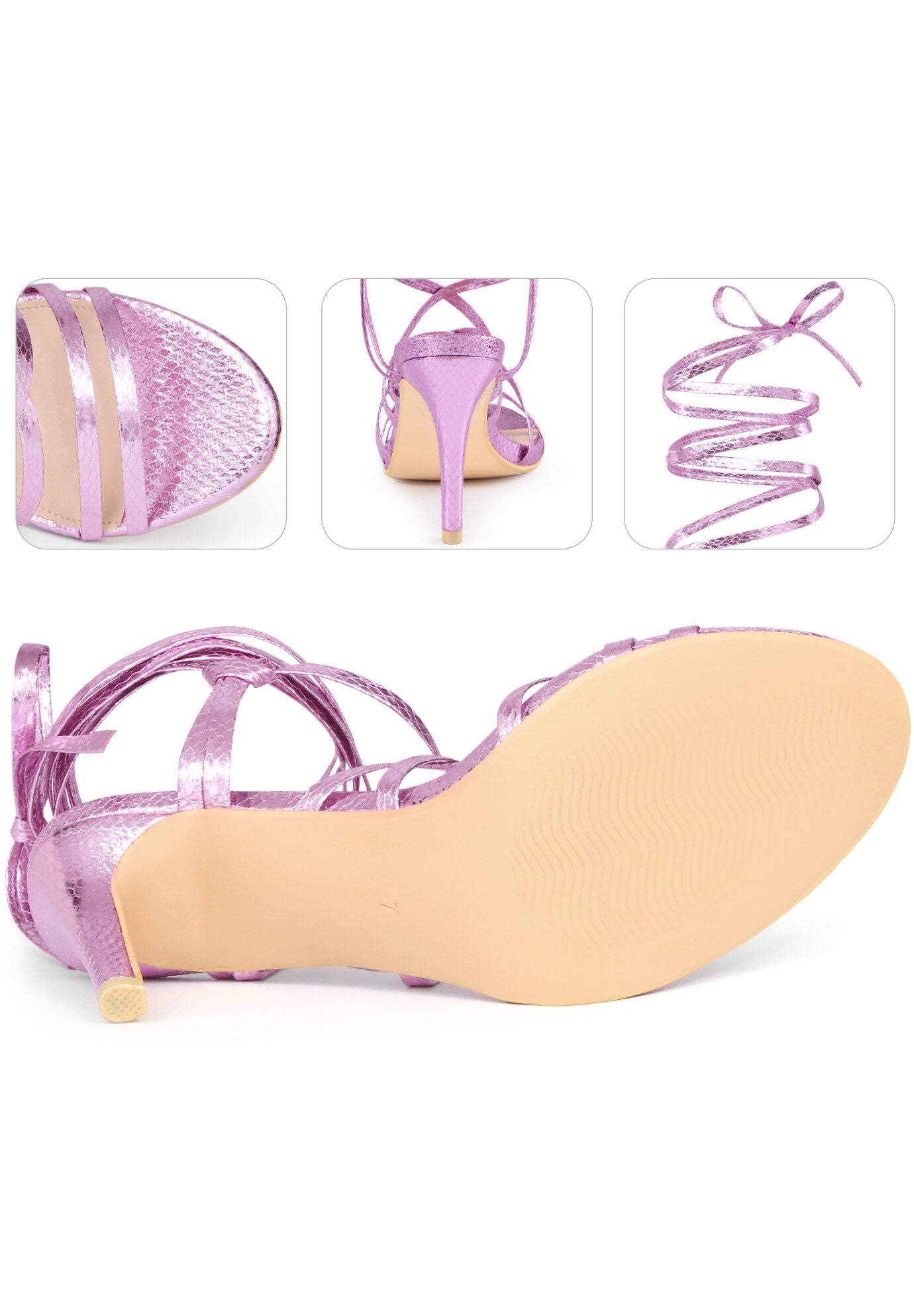 Snakeskin Strappy Lace Up Stiletto Heels Gladiator Sandals, Pink / Purple, alternate image number 2