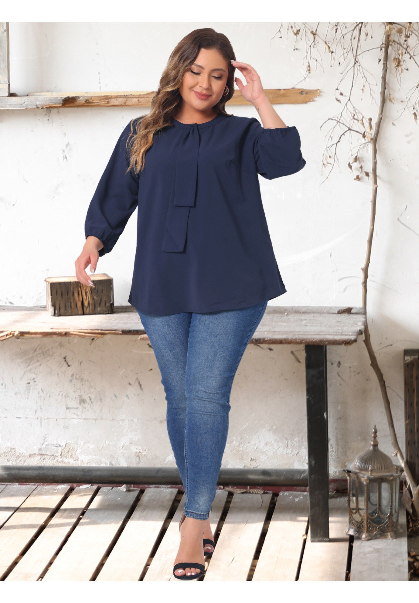3/4 Sleeve Work Office Tie Front Ruffle Chiffon Blouse Top, Dark Blue / Navy, hi-res image number 0