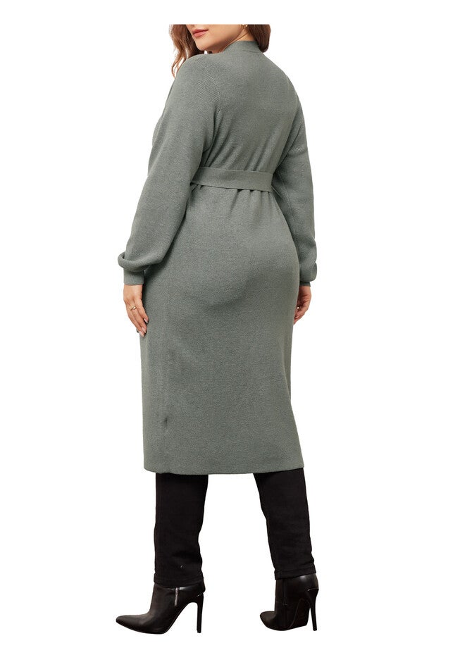 KNIT SWEATER BELTED OVERWEAR LONG CARDIGAN, Grey / Light Grey, alternate image number 3