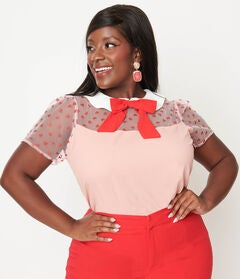 Smak Parlour Pink & Red Hearts Collared Bow Blouse