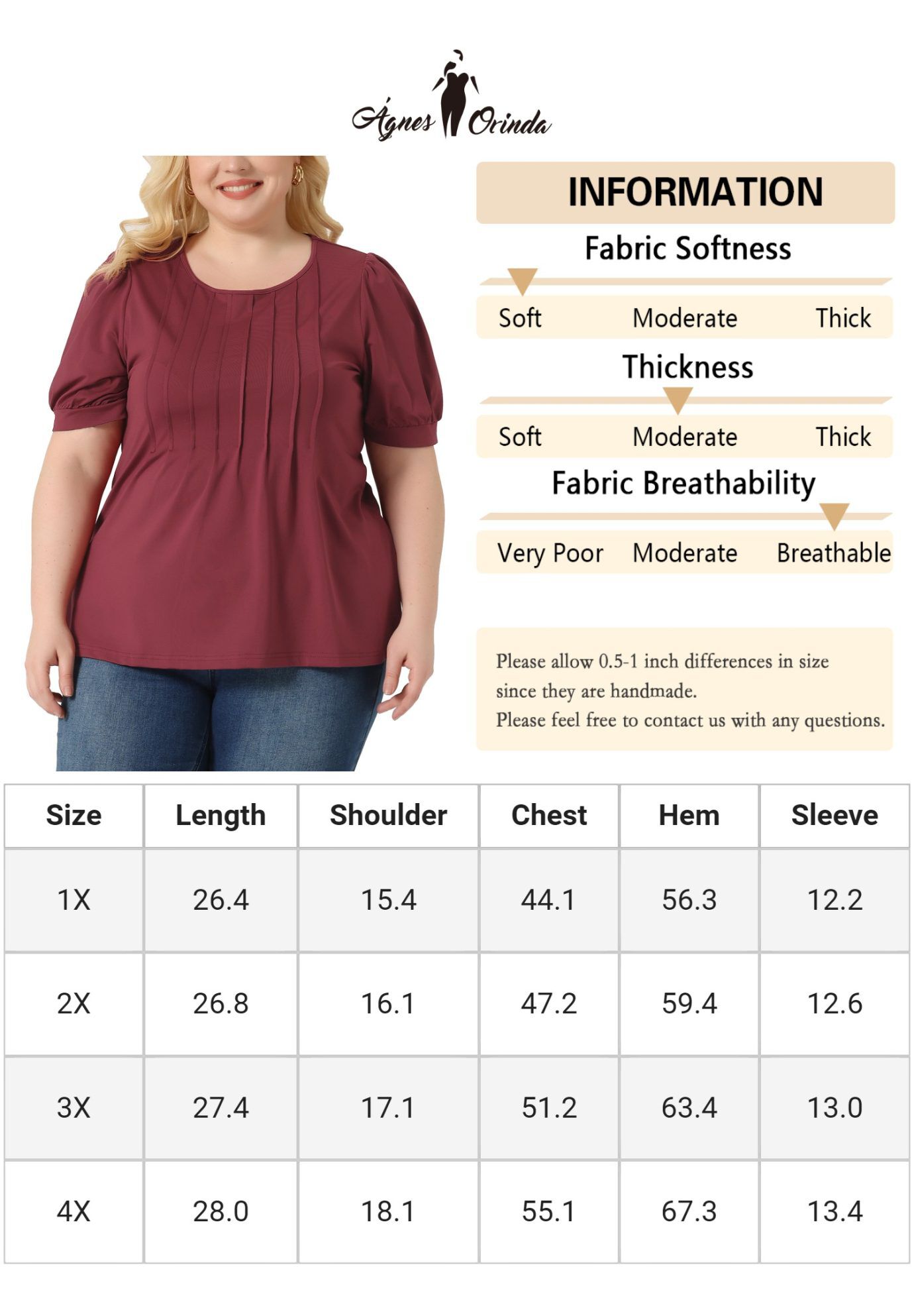 Puff Short Sleeve Crew Neck Pleated Tunic Blouse, Burgundy / Burgundy, alternate image number 4
