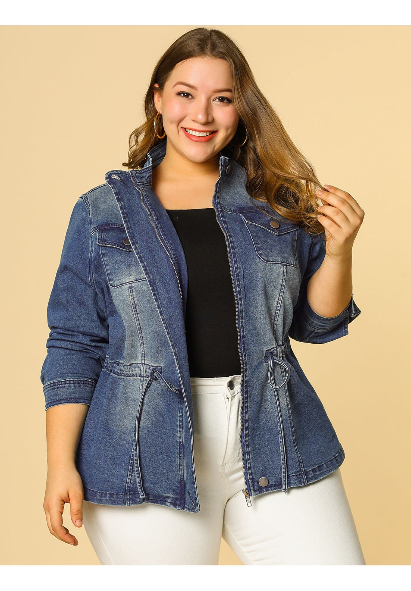 STRETCH STAND COLLAR ZIP DRAWSTRING DENIM JACKET, Dark Blue / Navy, alternate image number 1