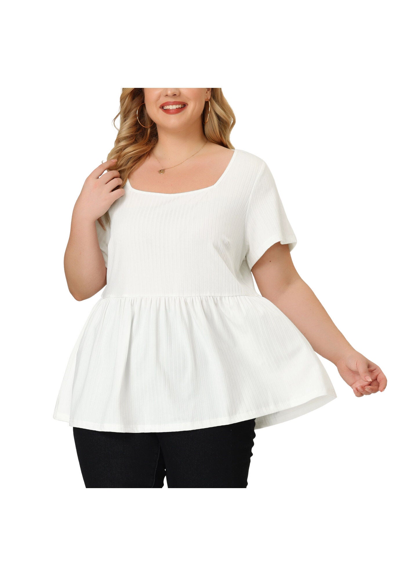Babydoll Top Summer Peplum Short Sleeve Summer Oversized Tunic Blouse, White / White, alternate image number 1