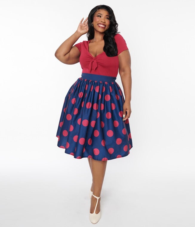 Unique Vintage Navy & Berry Polka Dot Gellar Swing Skirt, , alternate image number 8