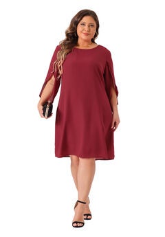 Crew Neck 3/4 Flutter Sleeve Cocktail Chiffon Dress