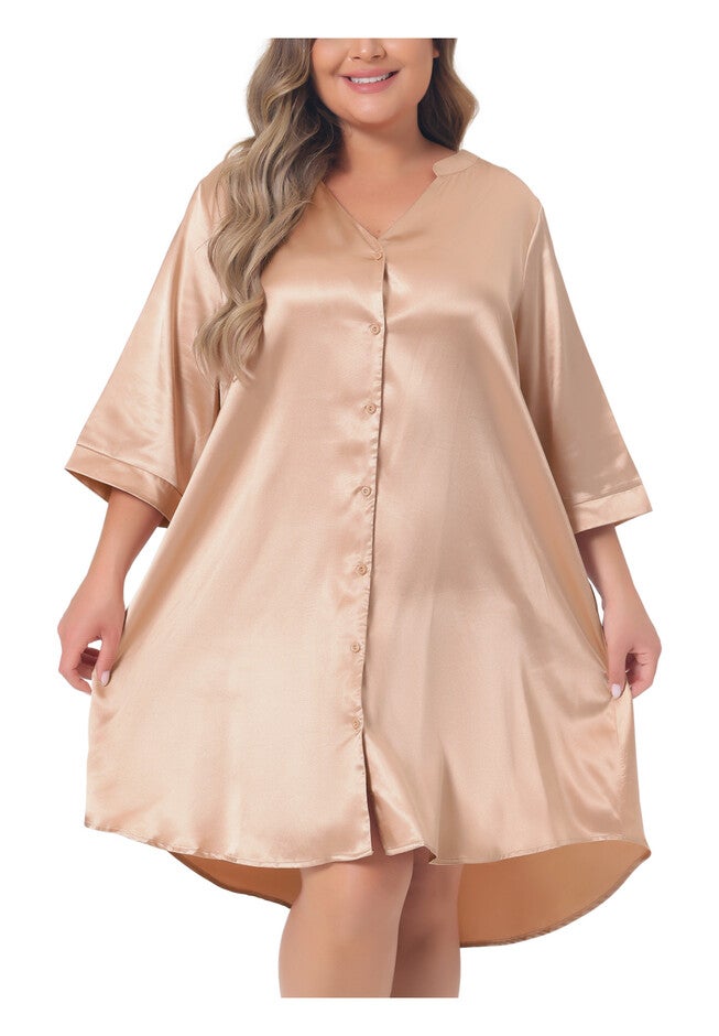 Satin Button Down 3/4 Sleeve with Pockets Nightshirt, Champagne / Gold, alternate image number 1