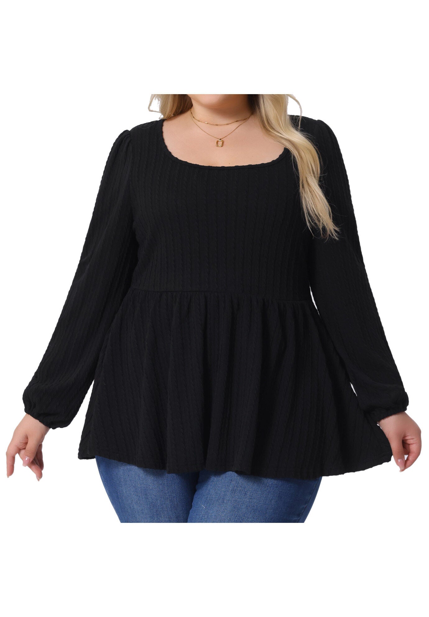 Scoop Neck Long Sleeve Ruffle Hem Peplum Knit Blouse, Black / Black, alternate image number 2