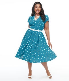 Unique Vintage 1940s Teal & White Heart Dahlia Swing Dress