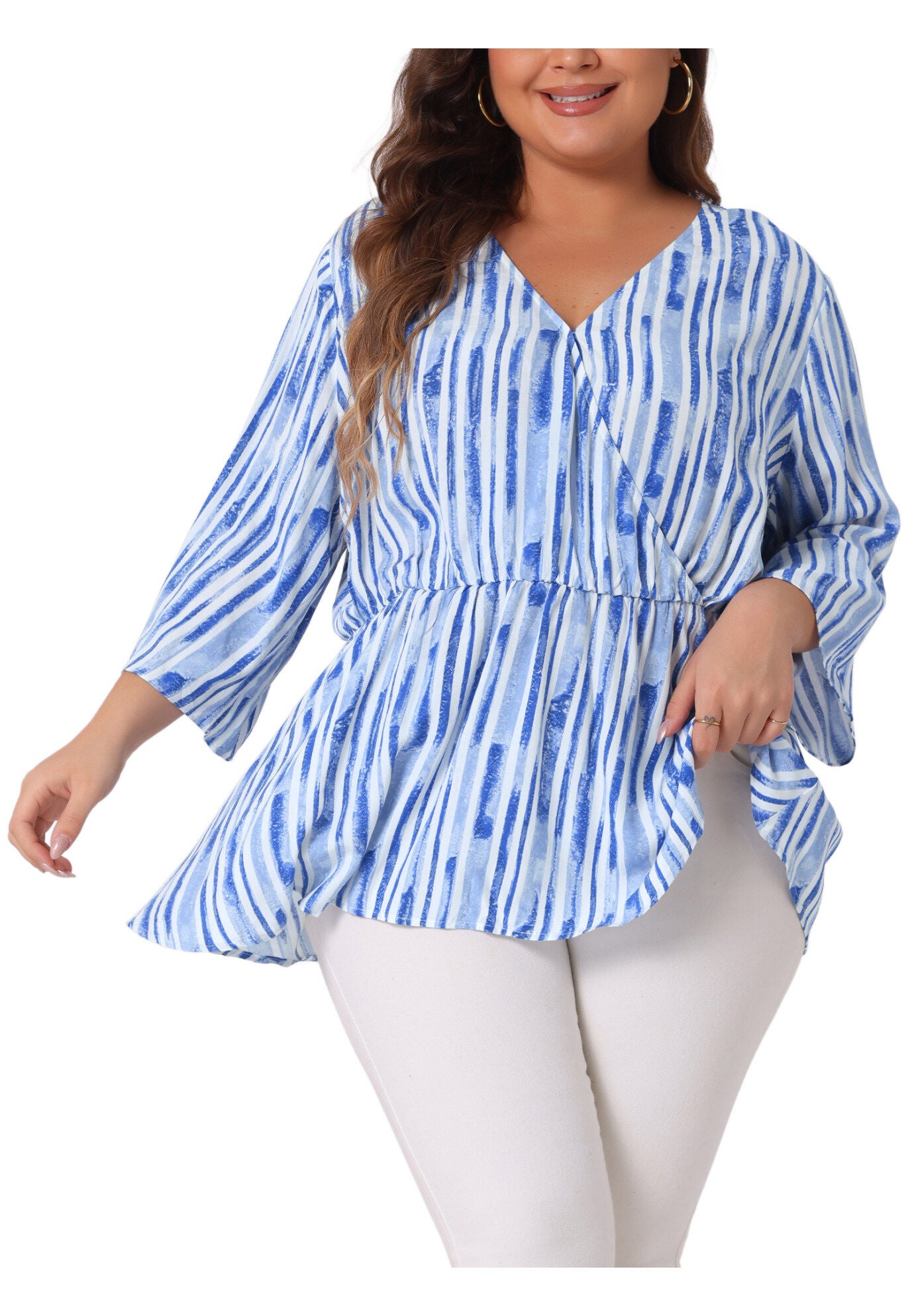 Boho Work V Neck Striped Peplum Top Blouse, Light Blue / Light Blue, alternate image number 2