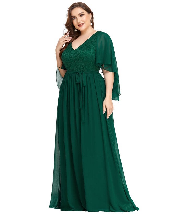 Deep V Neck Lace Bodice Long Flowy Evening Dress, , alternate image number 7