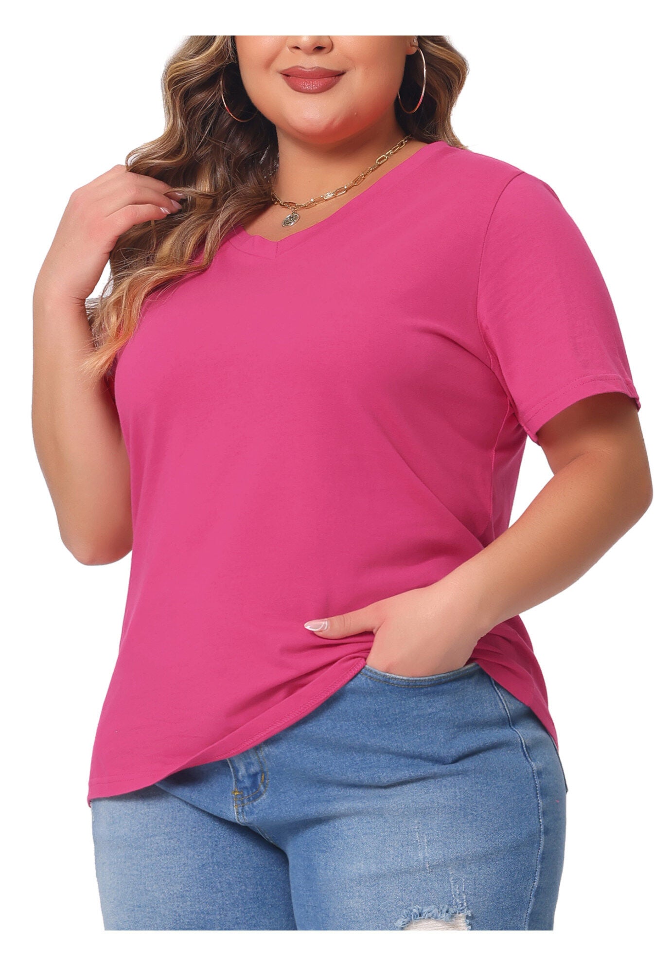 Short Sleeve V Neck Basic T-Shirt Top, Hot Pink / Magenta, alternate image number 2