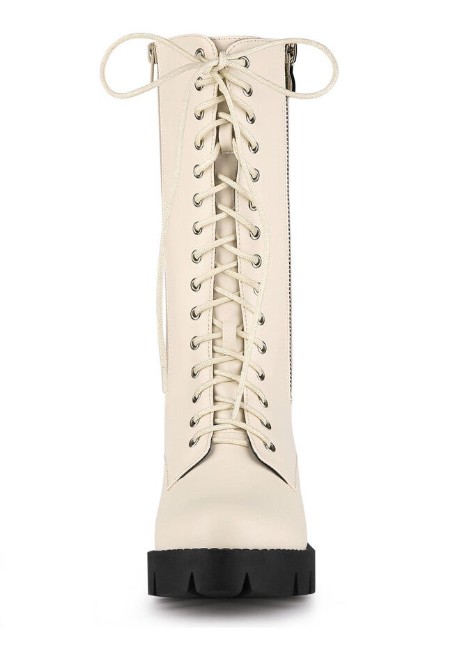 Lace Up Platform Chunky Heel Mid Calf Combat Boots, Beige / Beige, alternate image number 1