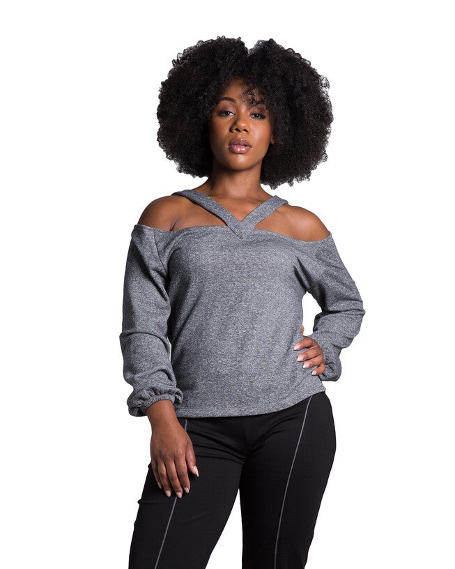 Della Women's V Self Straps Off Shoulder Long Sleeve Top, Grey / Charcoal Grey, hi-res image number 0