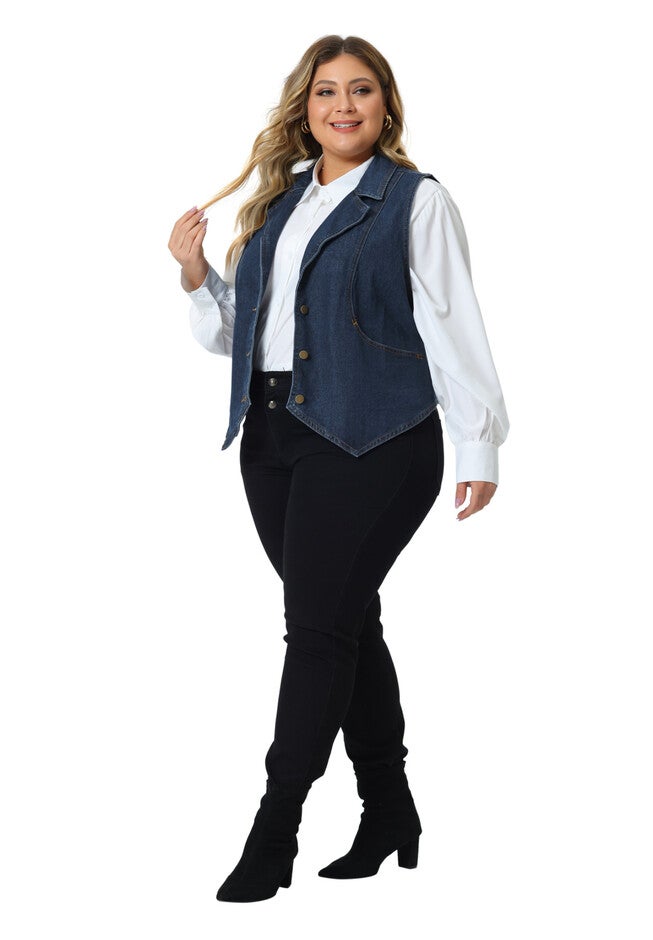 LAPEL SLEEVELESS WAISTCOAT JEAN DENIM VEST, Dark Blue / Navy, hi-res image number 0