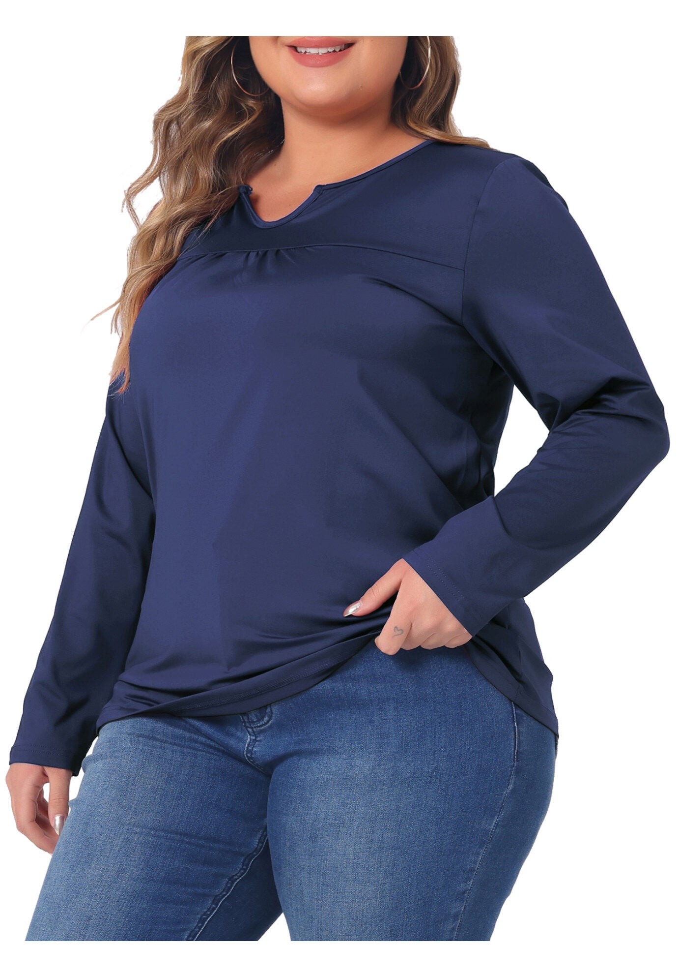 NOTCHED NECK LONG SLEEVE T-SHIRT LOOSE CASUAL TUNIC BLOUSE, Dark Blue / Navy, alternate image number 1