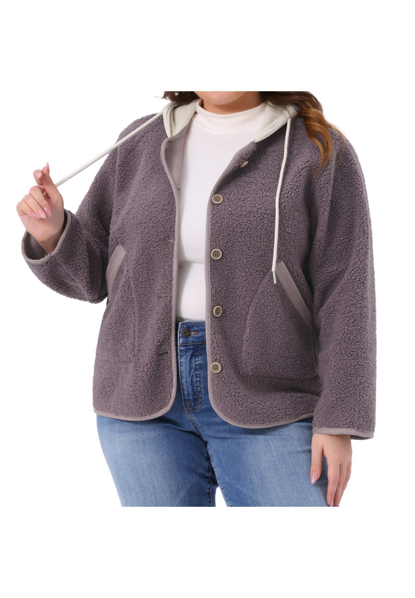 Hooded Fleece Teddy Fluffy Outerwear Coats with Pockets, Purple / Purple, alternate image number 2