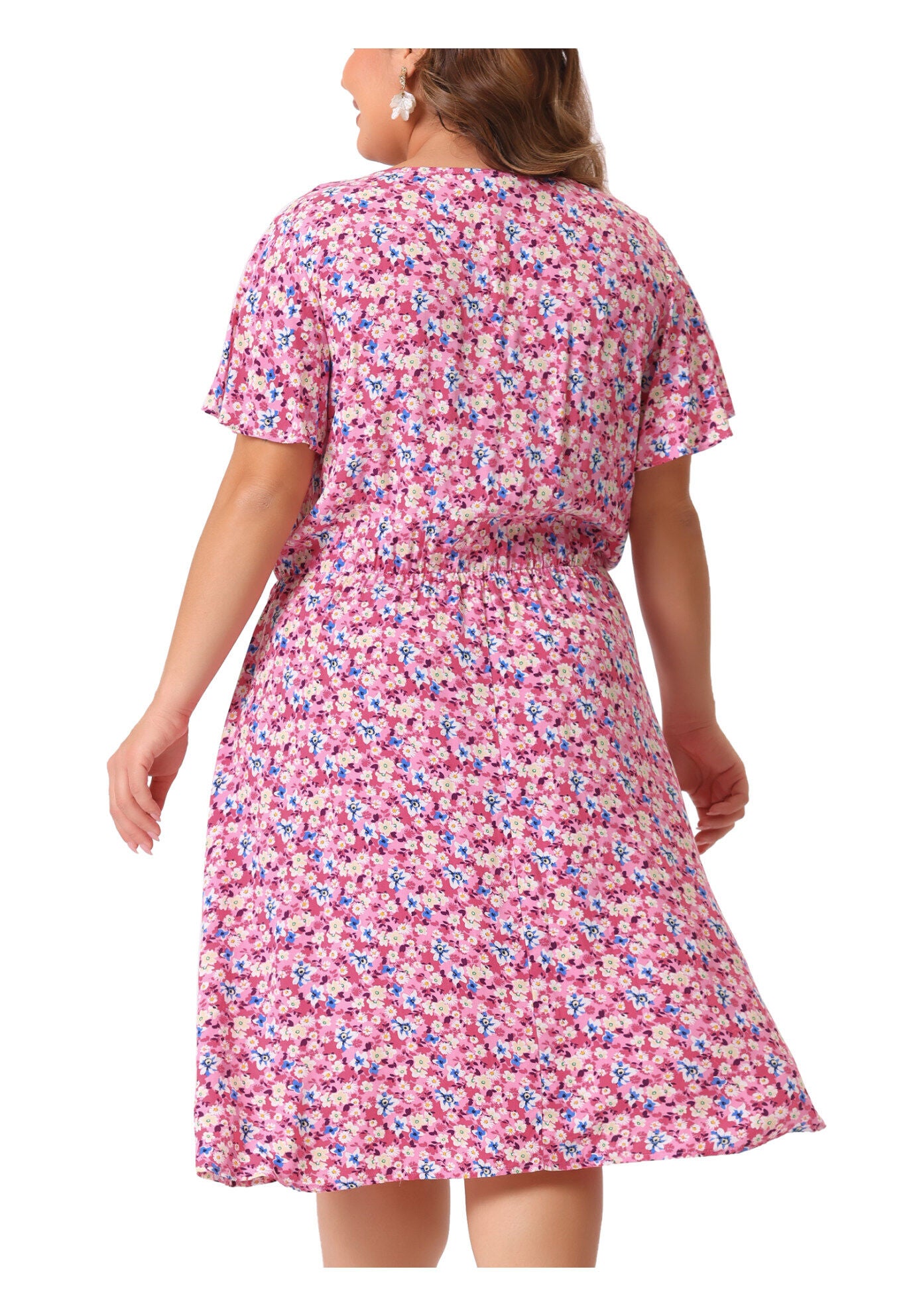 Summer V Neck Flare Sleeve Peplum Midi Ruffle Dress, Dark Pink / Pink, alternate image number 3