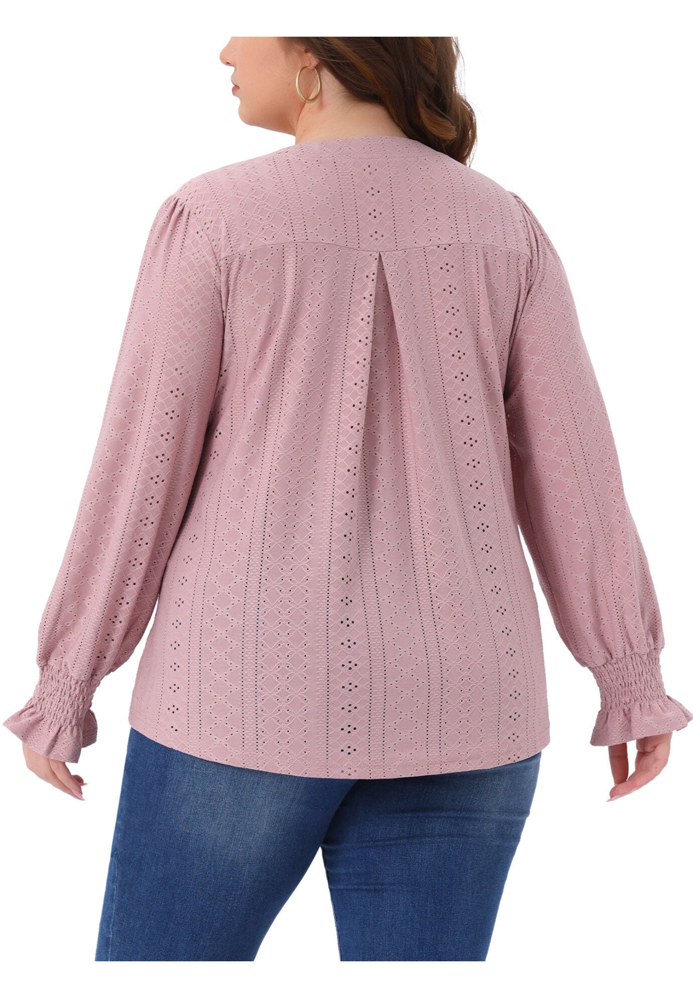 Eyelet Notched V Neck Smocked Hollow Out Blouses, Pink / Pink, alternate image number 3