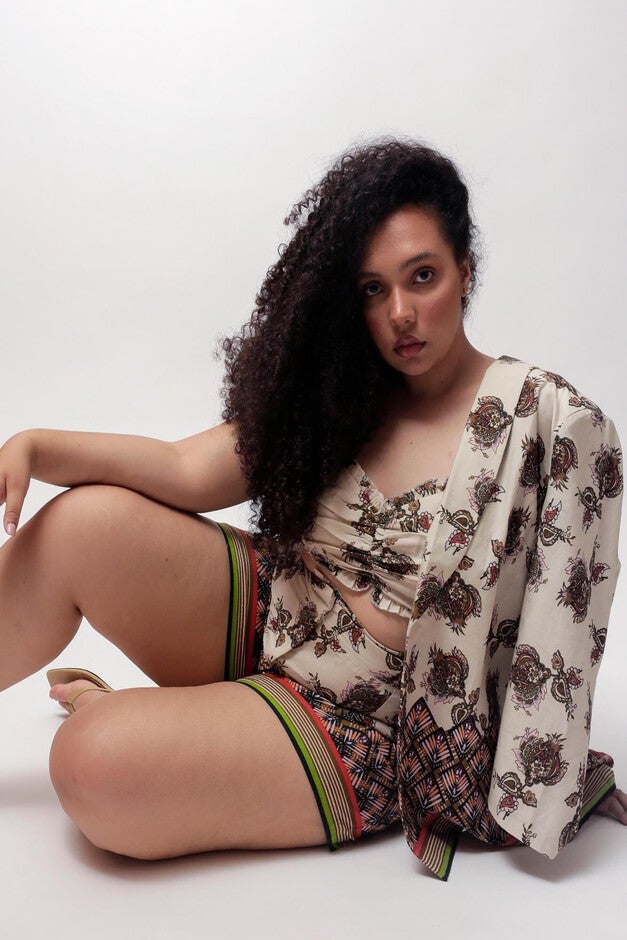 River High-Waisted Shorts, Cream Patchwork / Tan, alternate image number 1