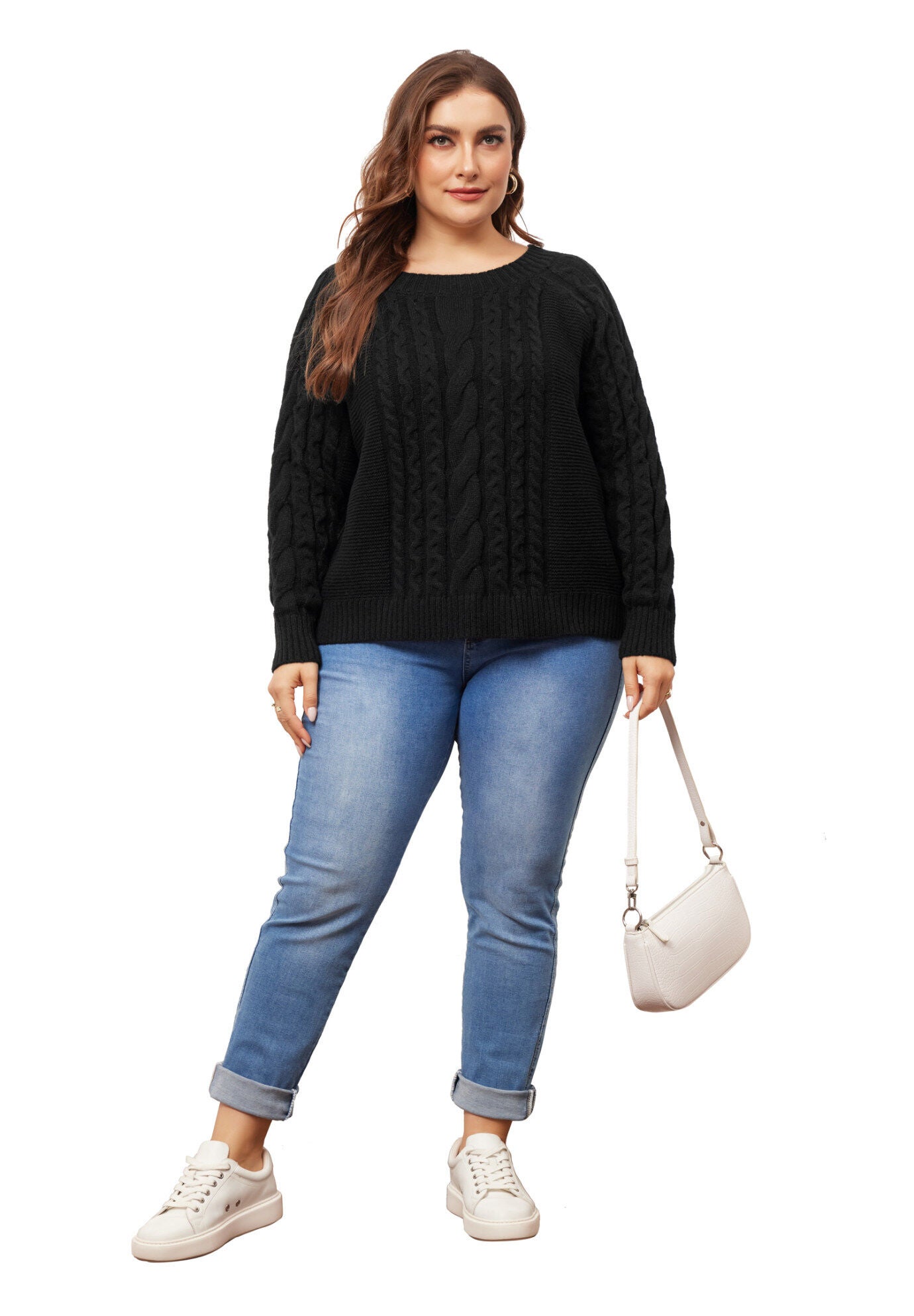 Long Sleeve Crewneck Fisherman Cable Pullover Sweater, Black / Black, hi-res image number 0