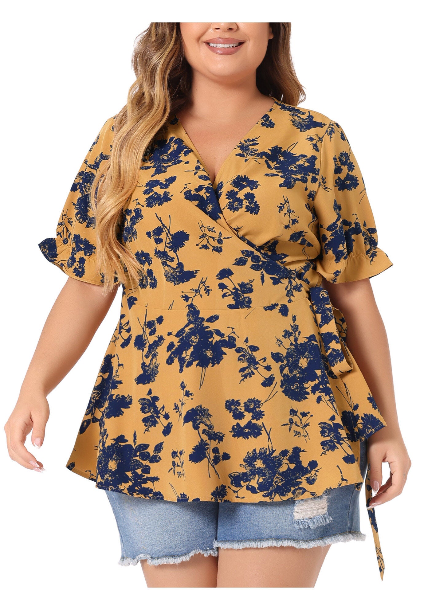 Floral Ruffle Sleeve Faux Wrap Peplum Blouse, Yellow / Yellow, alternate image number 2