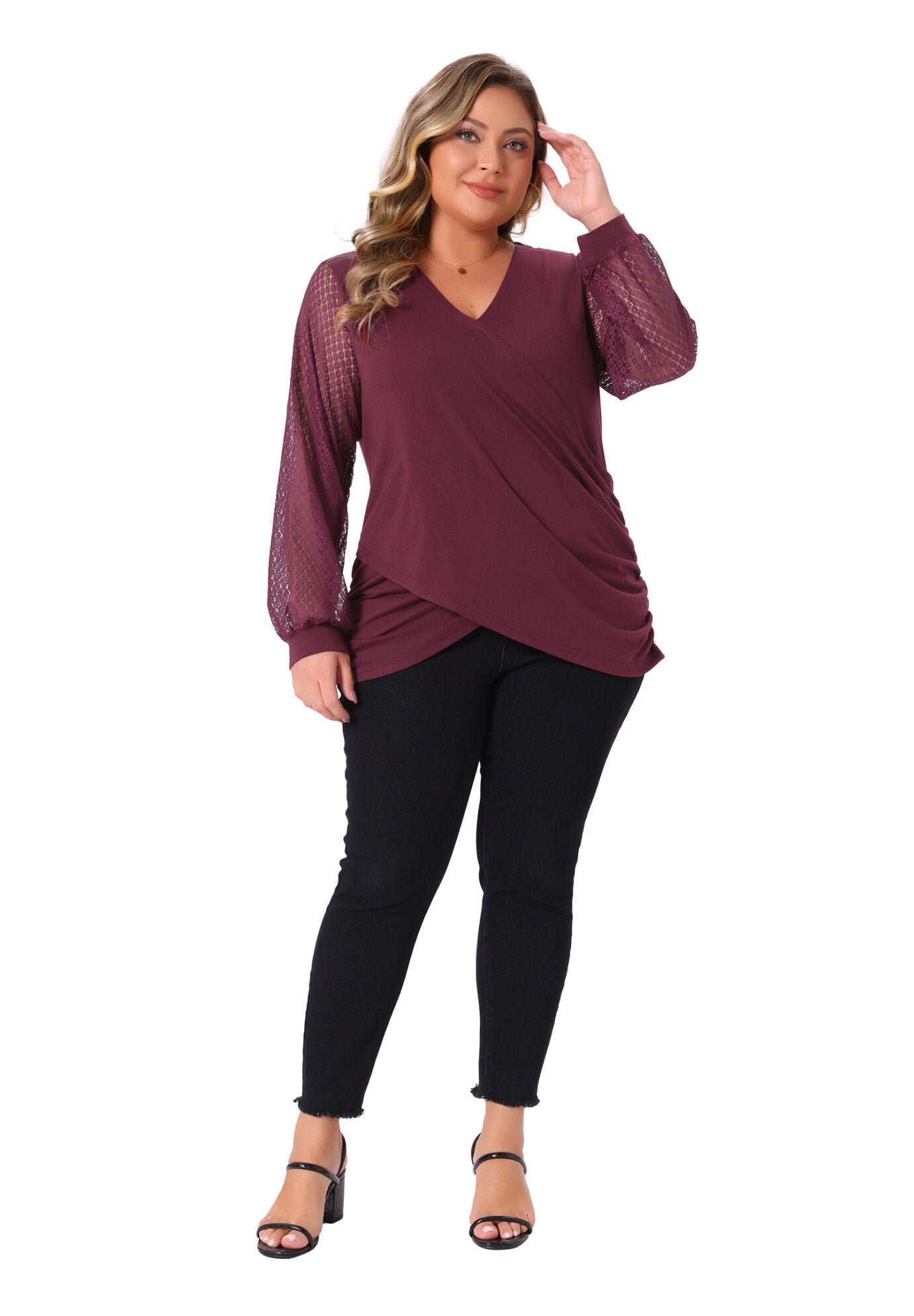 V Neck Wrap Ruched Bishop Lace Sleeve Blouse, Burgundy / Burgundy, hi-res image number 0