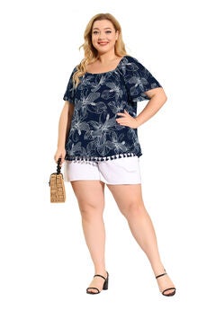 Square Neck Floral Tassel Hem Short Sleeves Boho Blouse