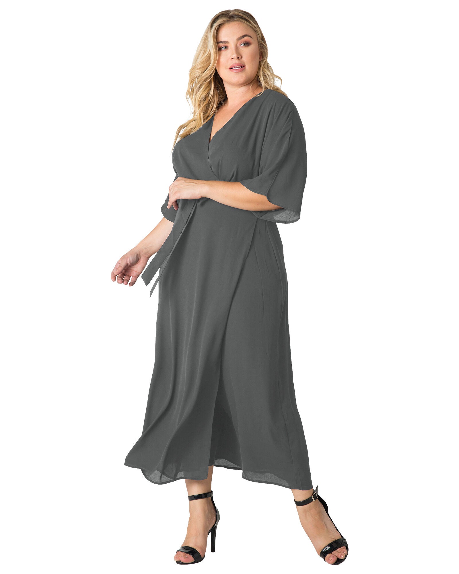 Plus Size Olivia Kimono Wrap Maxi Dress, SMOKEGREY / Cool Gray, hi-res image number 0