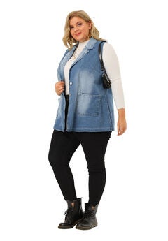 SLEEVELESS LAPEL LONG JEAN DENIM TUNIC VEST