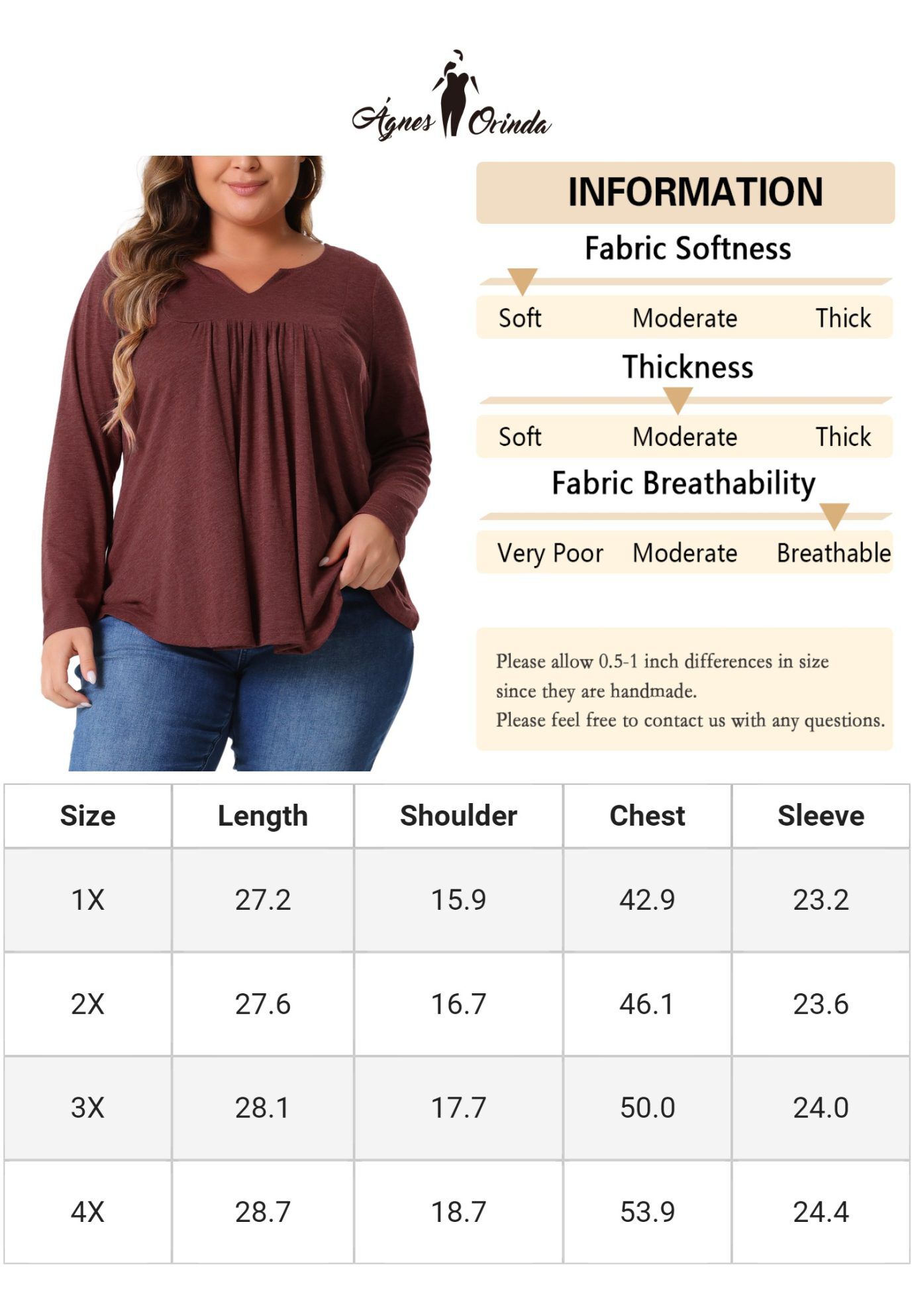 Notched Neck Long Sleeve Front Pleated Blouse, Burgundy / Burgundy, alternate image number 4