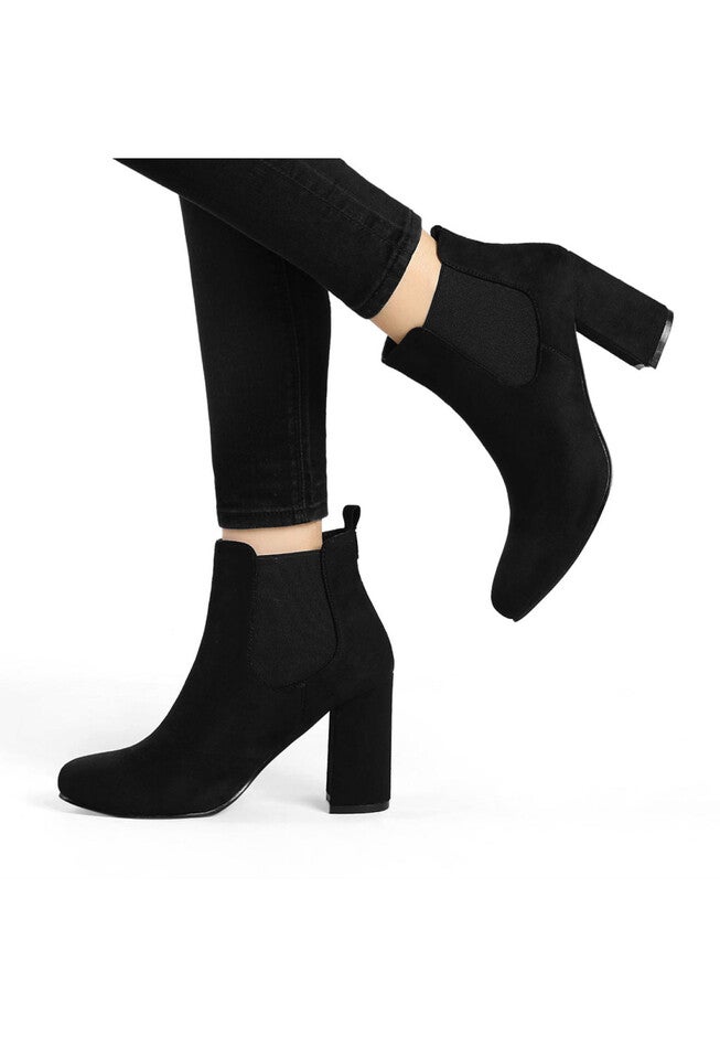ROUND TOE CHUNKY HEEL CHELSEA ANKLE BOOTS, Black / Black, alternate image number 3