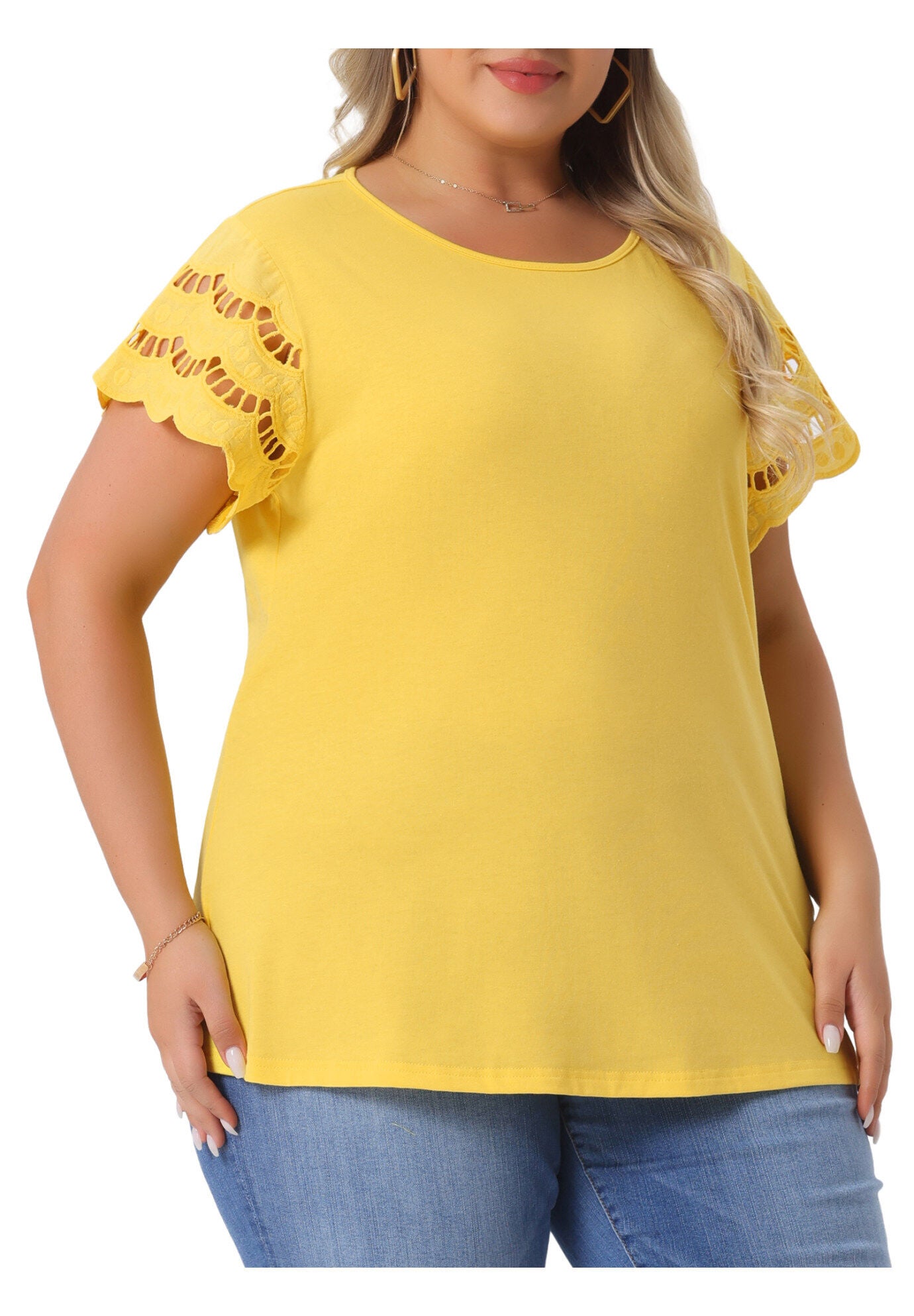 Lace Panel Hollow Short Sleeve Summer Blouse, Yellow / Yellow, alternate image number 1