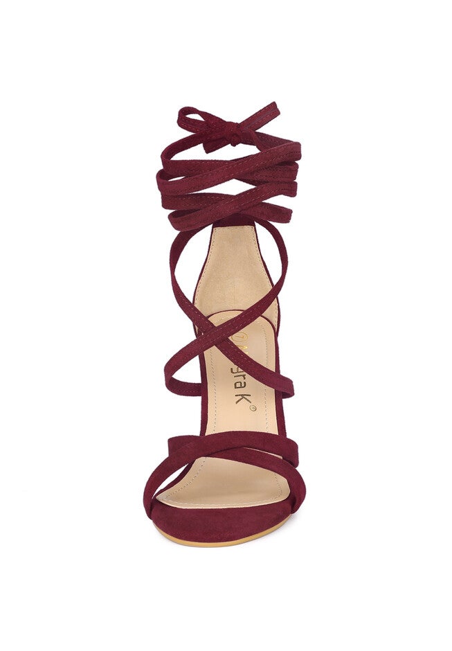 Lace Up Heels Stiletto High Heel Sandals, Burgundy / Burgundy, alternate image number 2