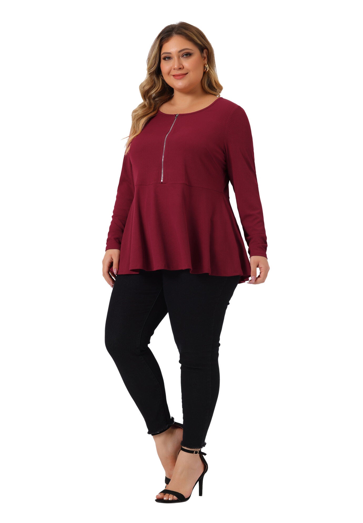 Long Sleeve Half Zip Up Low Cut Ruffle Babydoll Peplum Top, Burgundy / Burgundy, hi-res image number 0