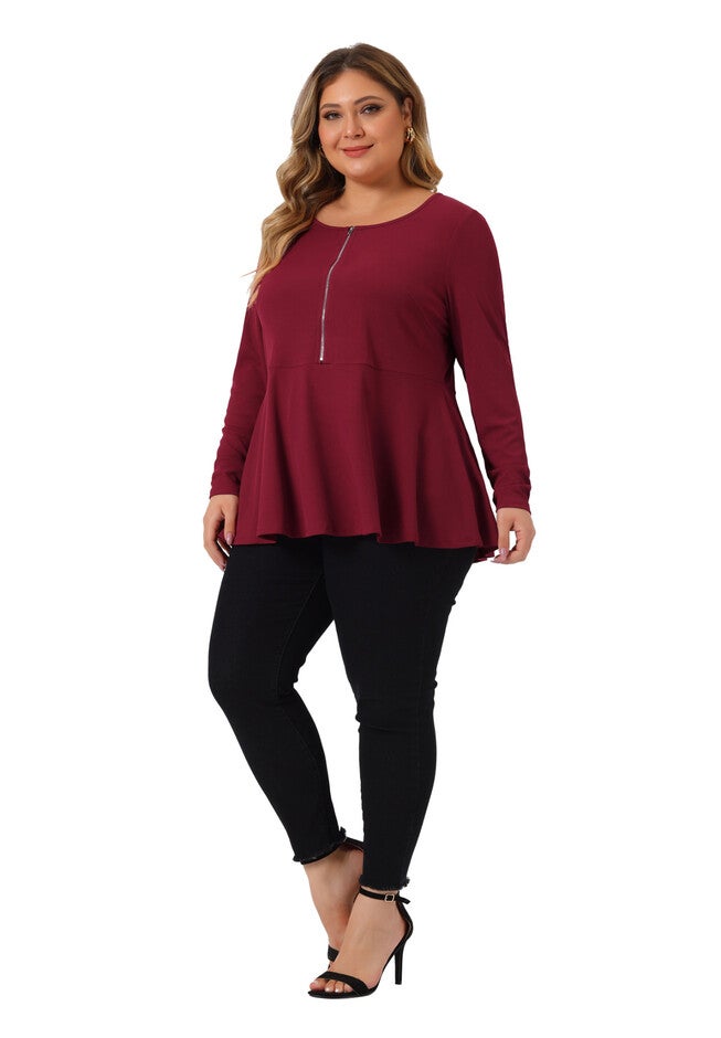 Long Sleeve Half Zip Up Low Cut Ruffle Babydoll Peplum Top, Burgundy / Burgundy, hi-res image number 0