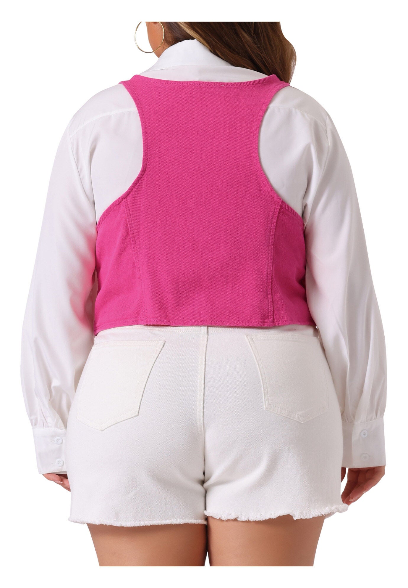 BUTTON DOWN SLEEVELESS JEAN WAISTCOAT VEST, Hot Pink / Pink, alternate image number 2