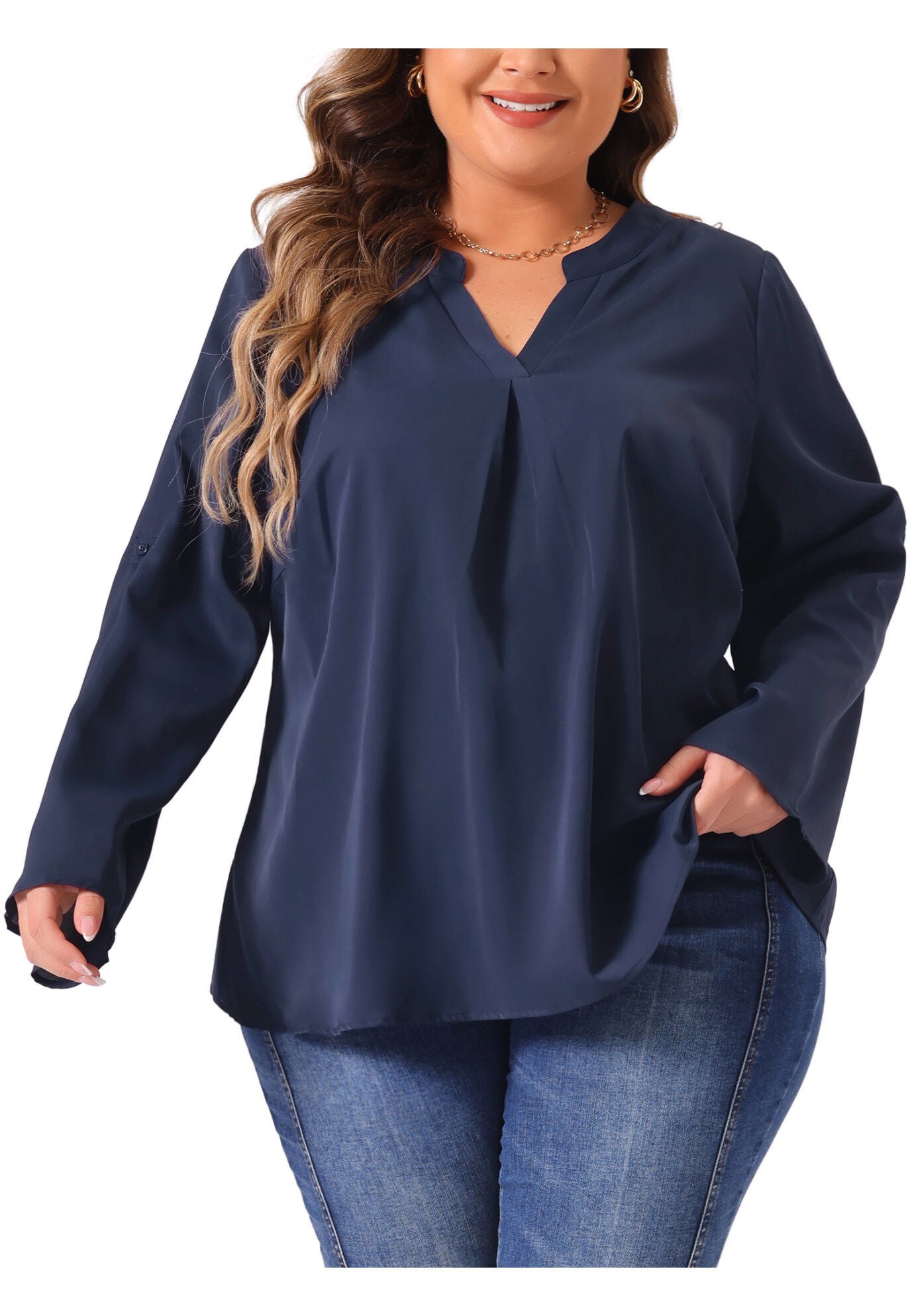 V Neck Rolled Up Sleeves Pleated Back Shirt Chiffon Top, Navy Blue / Navy, alternate image number 1