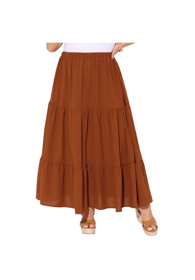 Elastic High Waist Boho Flowy A Line Long Swing Maxi Skirt, Caramel / Brown, alternate image number 1
