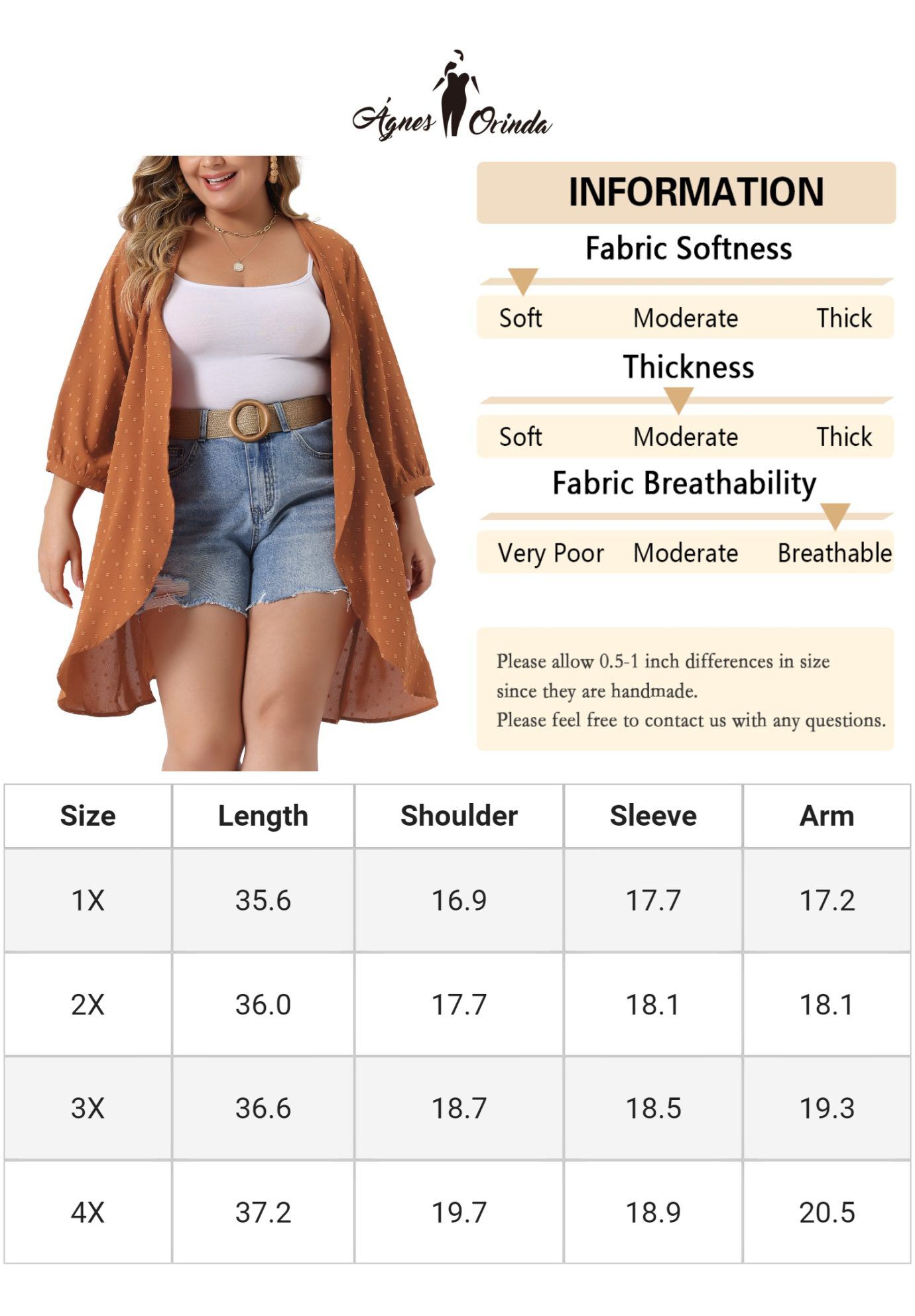 OPEN FRONT 3/4 SLEEVE SWISS DOTS LIGHTWEIGHT COVER UP CARDIGAN, Orange / Orange, alternate image number 4