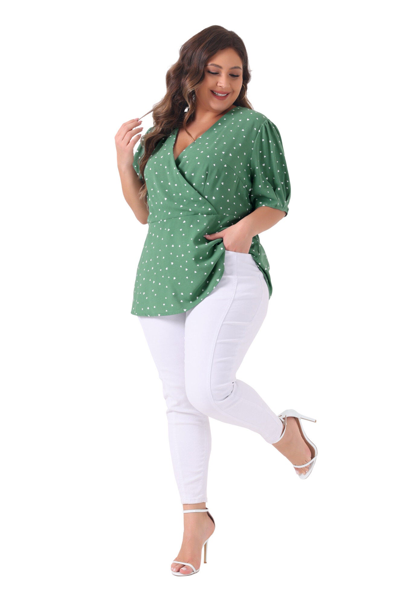Summer V Neck Wrap Short Sleeve Polka Dots Peplum Top, Green / Sage Green, hi-res image number 0