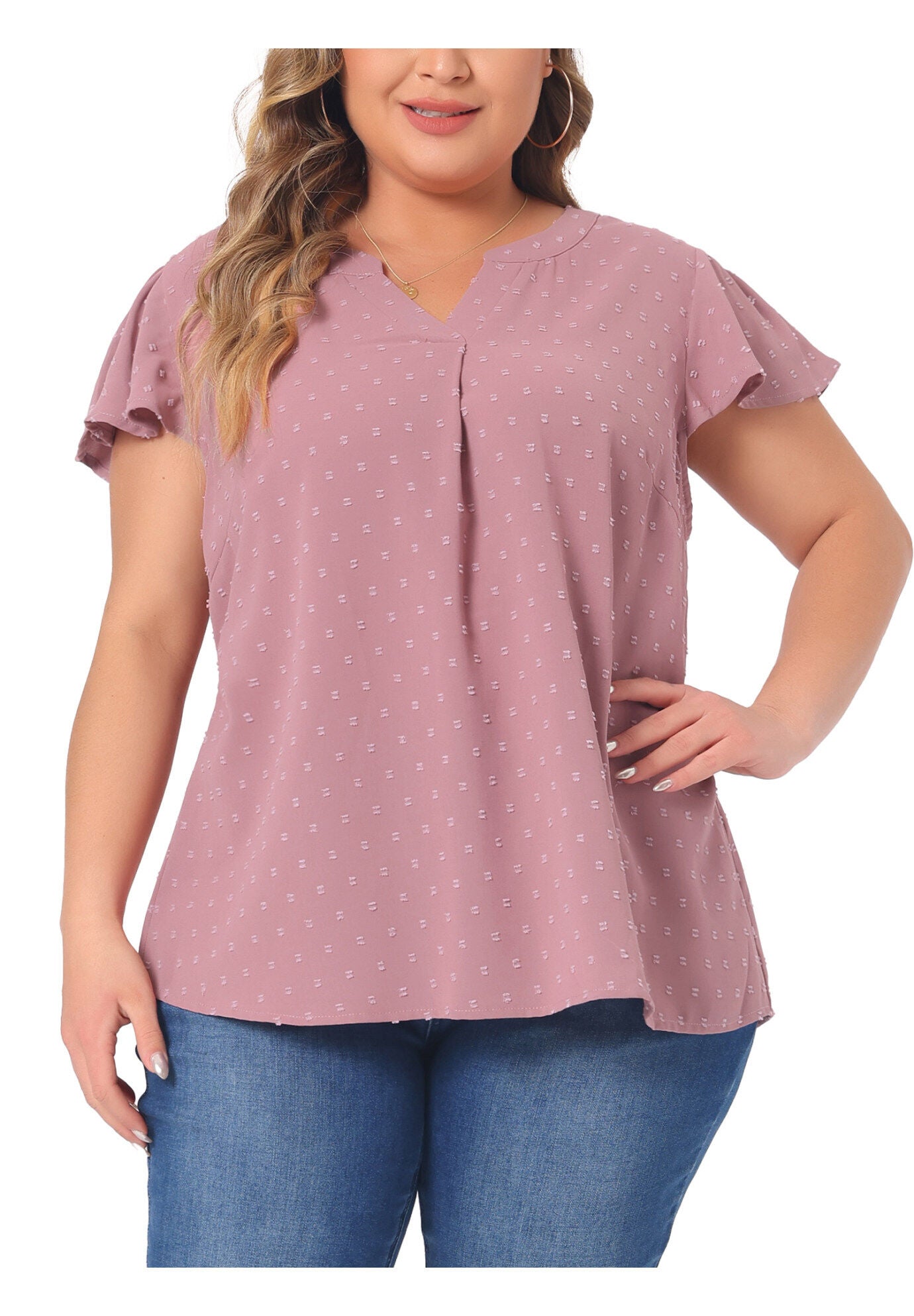 Swiss Dots Notched Neck Ruffle Sleeve Blouse, Gray Purple / Mauve, alternate image number 2