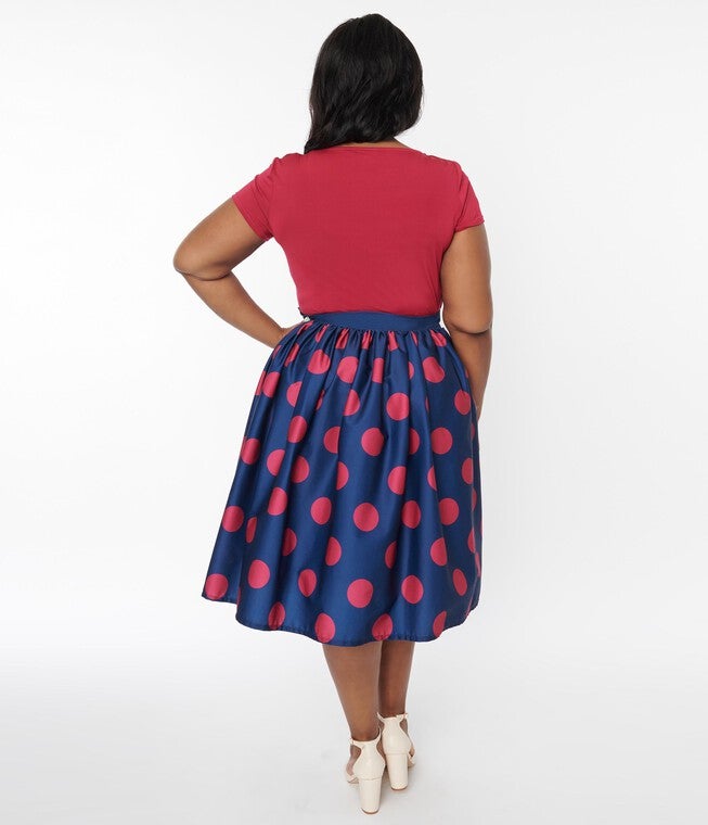 Unique Vintage Navy & Berry Polka Dot Gellar Swing Skirt, Navy Burgundy Polka Dot / Navy, alternate image number 4