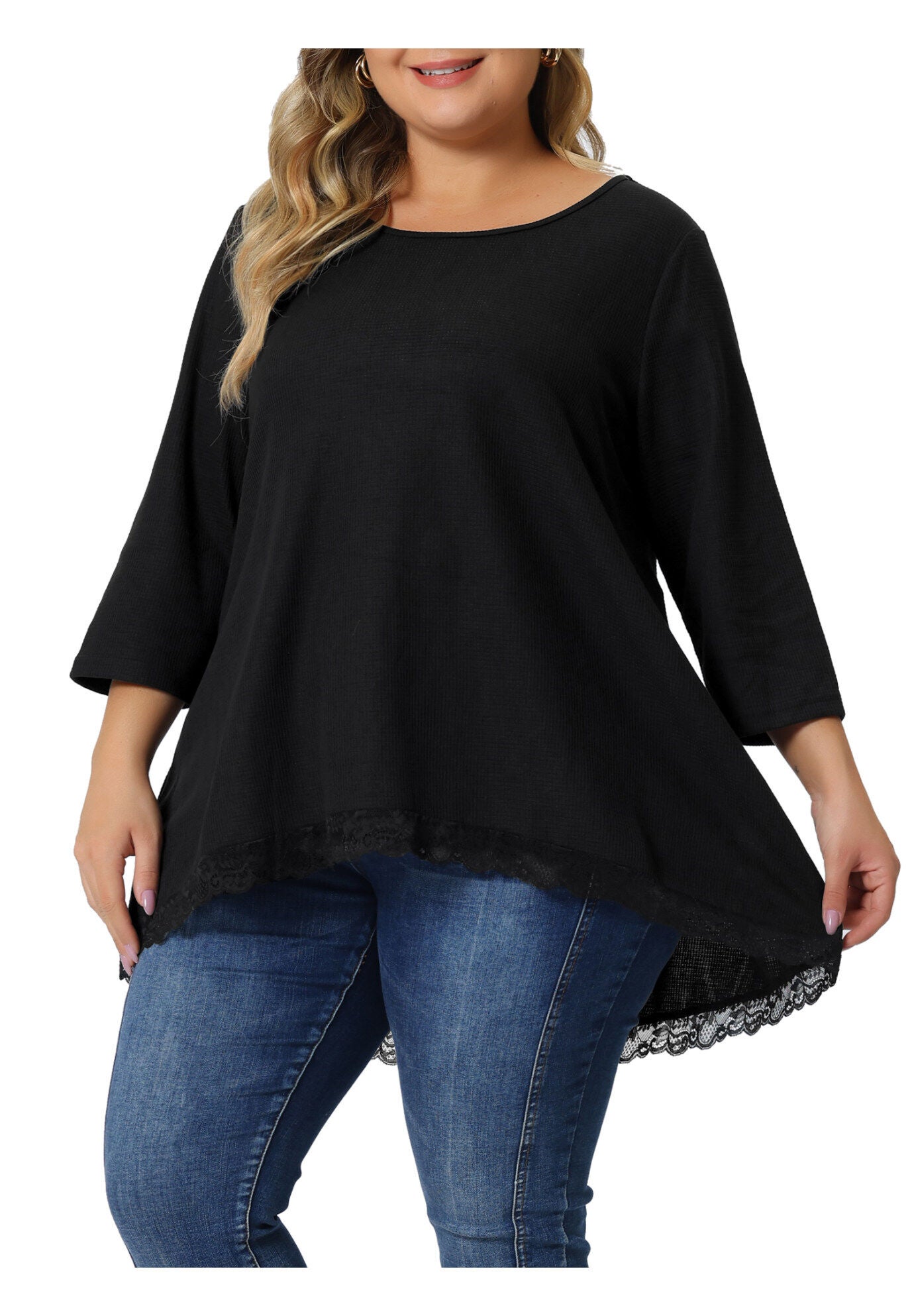 Waffle 3/4 Sleeve Lace Panel Loose High Low Hem Blouse Top, Black / Black, alternate image number 2