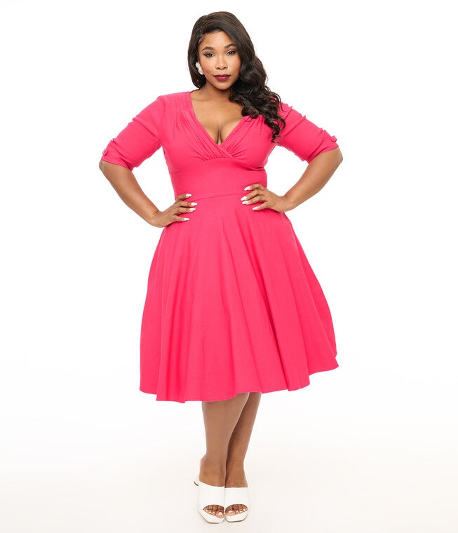 Unique Vintage Plus Size 1950s Hot Pink Delores Swing Dress, Pink / Pink, alternate image number 2