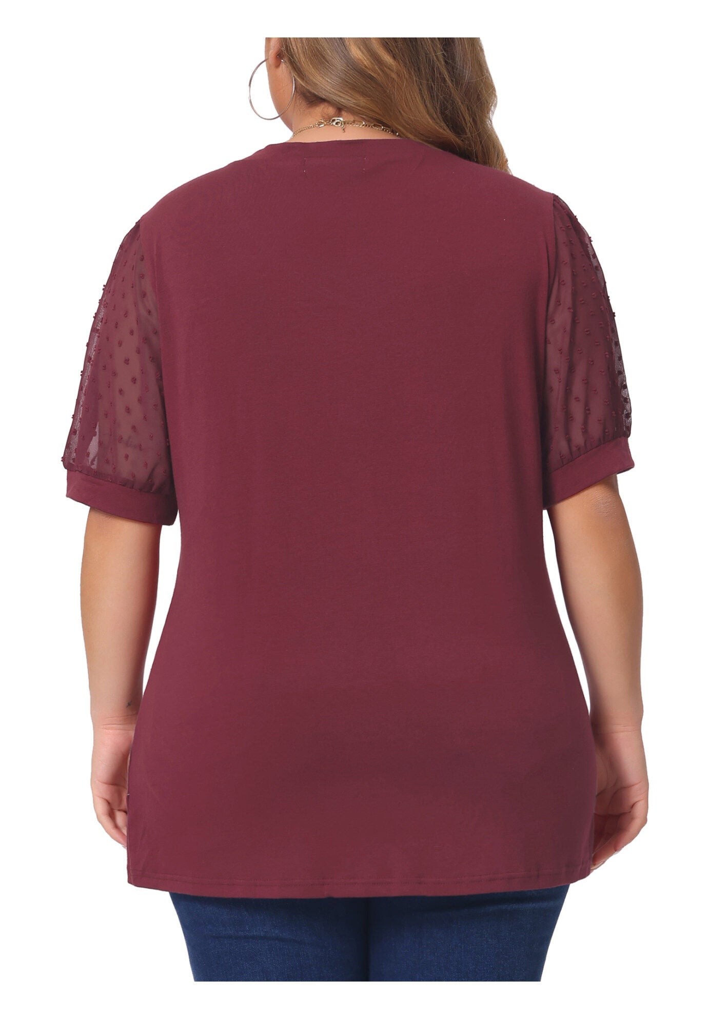 V Neck Swiss Dots Puff Sleeve Loose Top, Red / Red, alternate image number 3