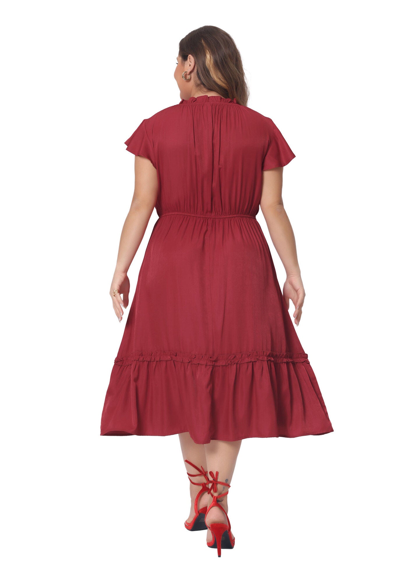 Summer Bow Tie Neck Ruffle Cap Sleeve A Line Midi Dress, Red / Red, hi-res image number 0