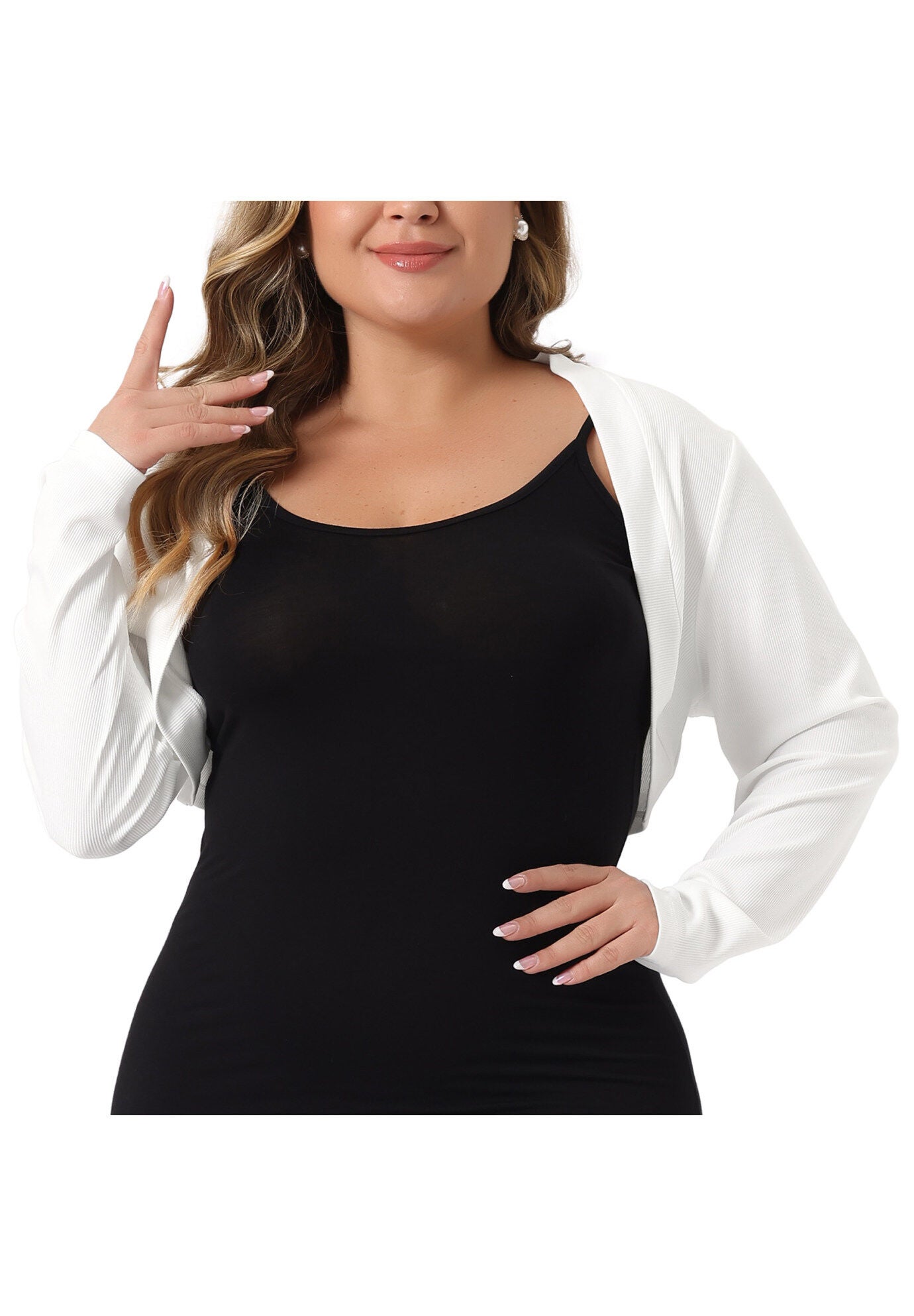 CROPPED LONG SLEEVE OPEN FRONT BOLERO SHRUG, White / White, alternate image number 3