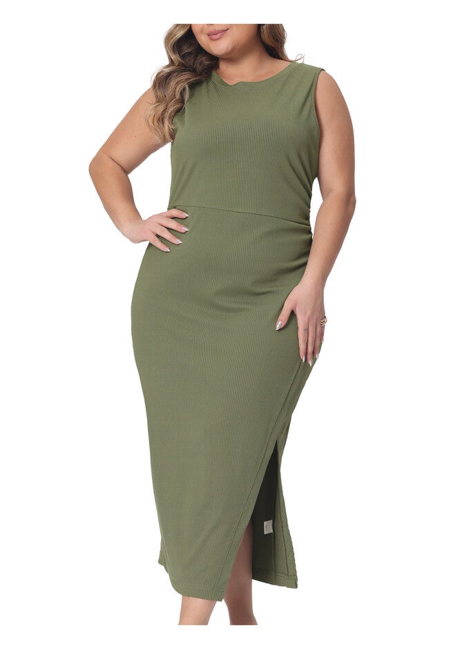 Knit Slit Tank Midi Ruched Sleeveless Bodycon Dress, Army Green / Olive Green, alternate image number null